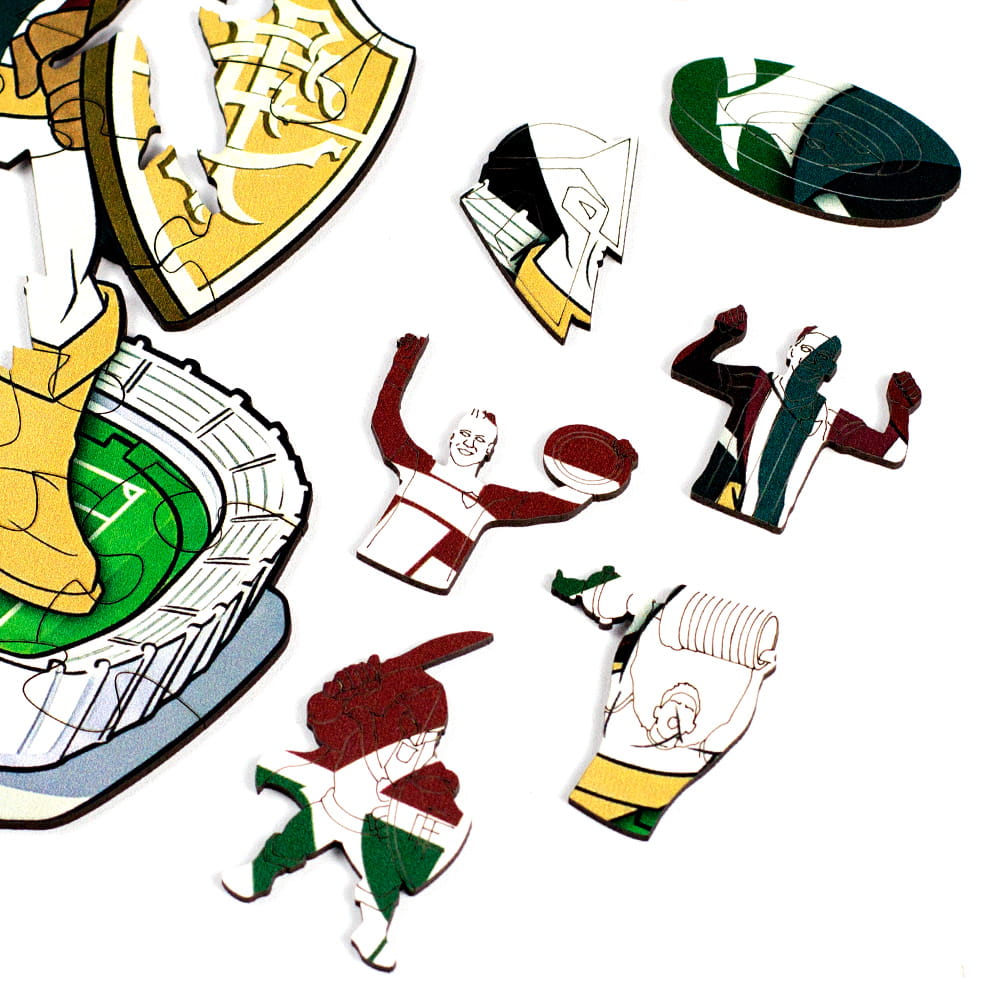Detalhe de peças temáticas do quebra-cabeça Fluminense Kids em madeira com impressão colorida