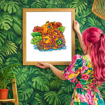 Quebra-cabeça da capivara colado na parede como decoração