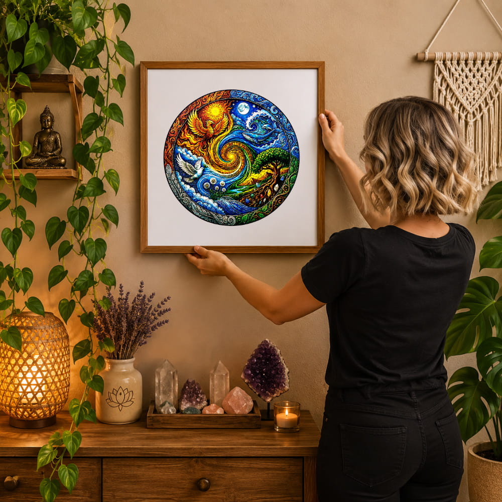Mandala Elemental usada como decoração depois de colada e colocada na parede