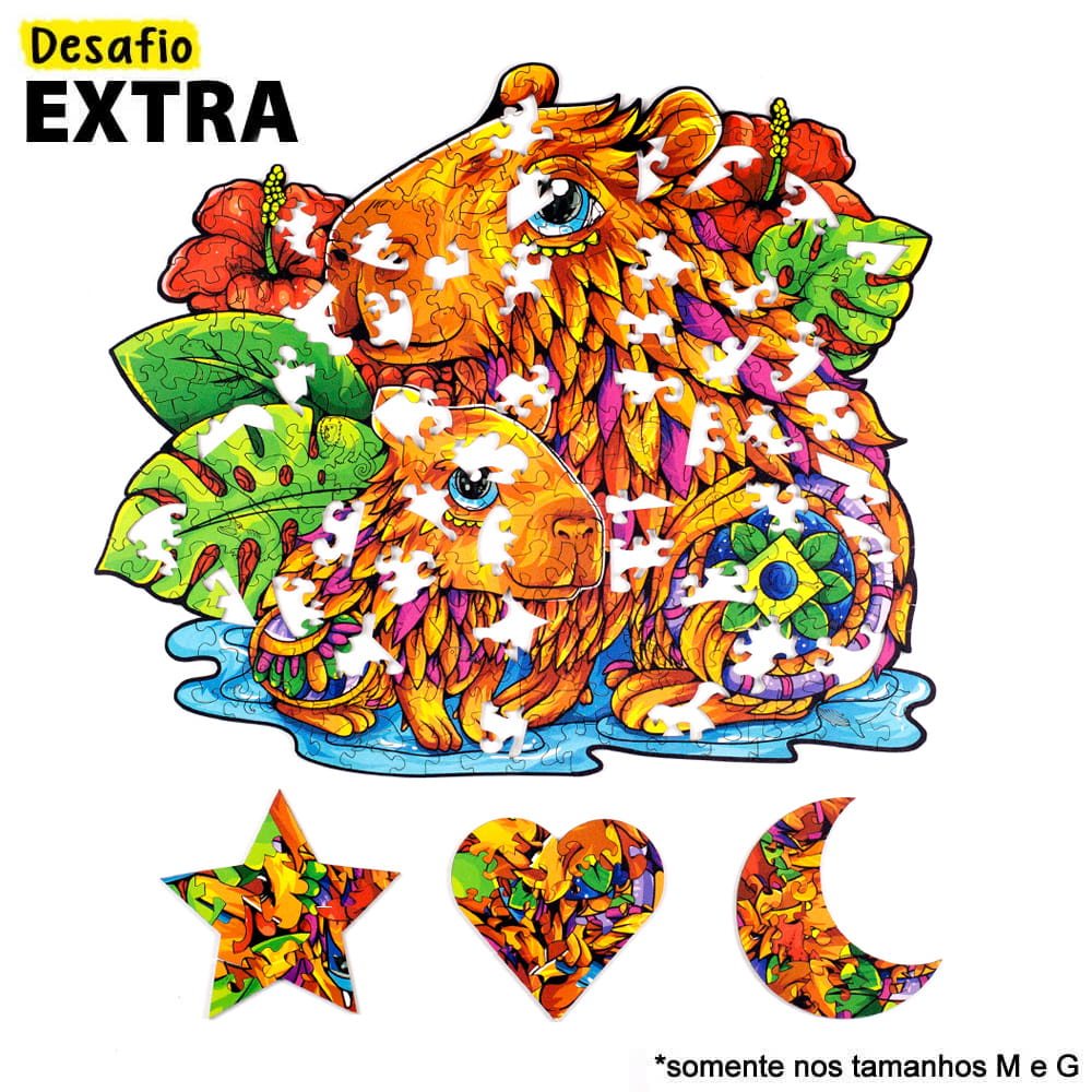 Infográfico do desafio extra Puzi mostrando como montar mini quebra-cabeças de estrela, coração e lua com as peças da capivara.