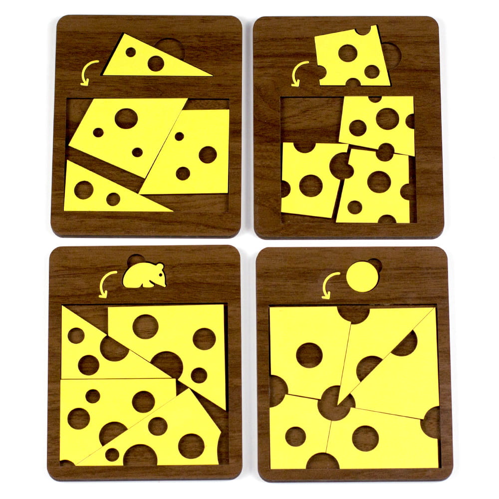 desafio lógico de madeira estilo quebra-cabeça com peças de queijo formando desafios