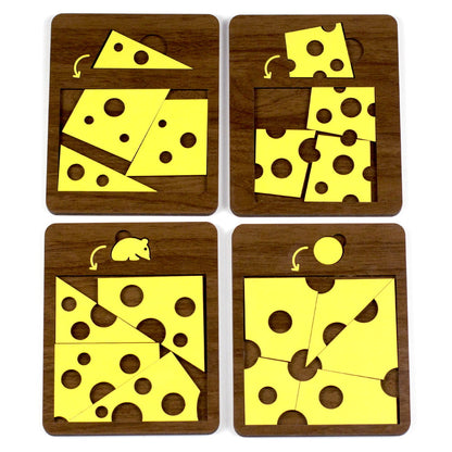 desafio lógico de madeira estilo quebra-cabeça com peças de queijo formando desafios