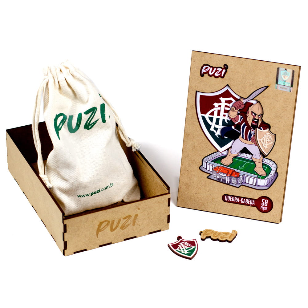 Embalagem do quebra-cabeça Fluminense Kids com caixa de madeira e saquinho de algodão Puzi