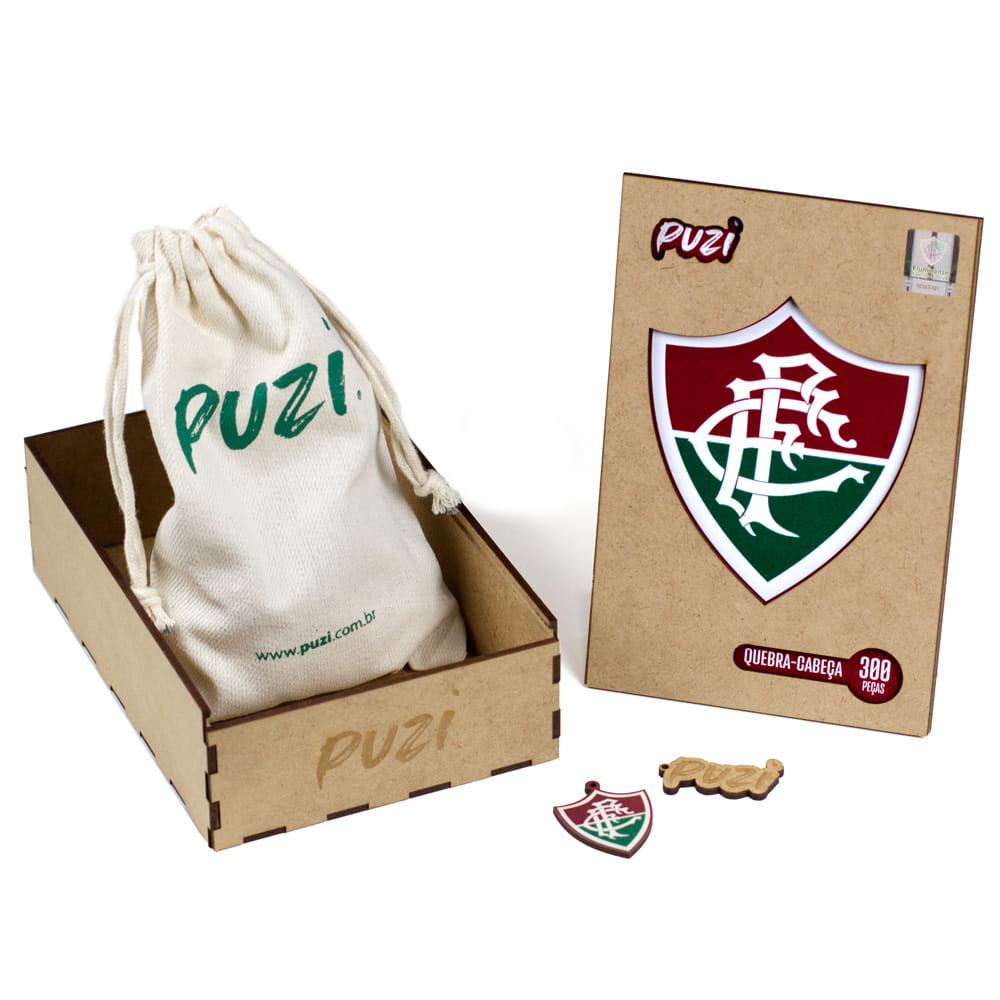 Embalagem do quebra-cabeça do escudo do Fluminense com caixa de madeira e saquinho de algodão Puzi