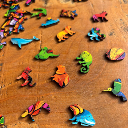 Peças de quebra-cabeça em formatos de animais brasileiros como tucano, sapo e mico-leão-dourado.