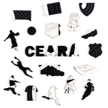 Peças temáticas de madeira com elementos e símbolos do Ceará