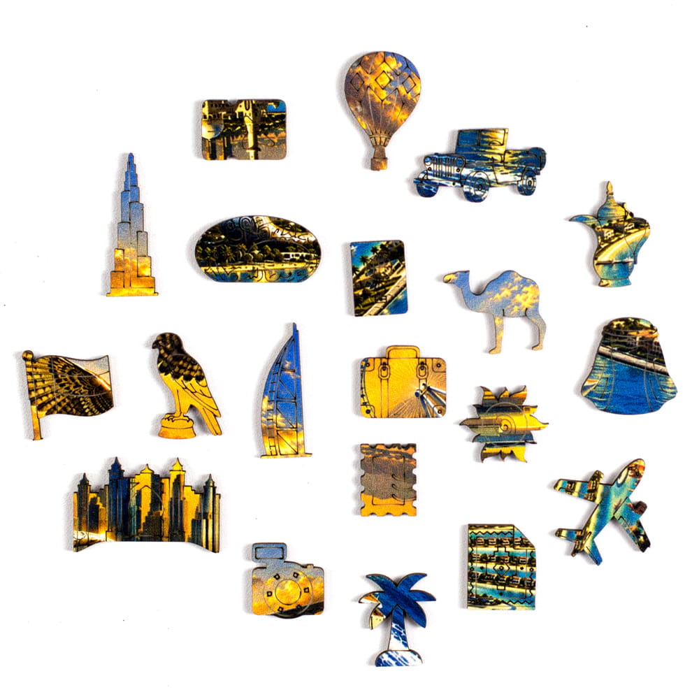 Peças de Madeira com Temática de Dubai (Burj Khalifa, Burj Al Arab, Atlantis, Museum of the Future, ghutra (a roupa da cabeça), Camelo, Falcão, 4x4