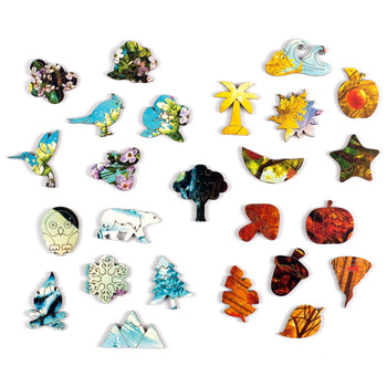 Exposição de todas as peças em formatos especiais do quebra-cabeça 4 Estações, como borboletas, sol, folhas de outono e urso polar