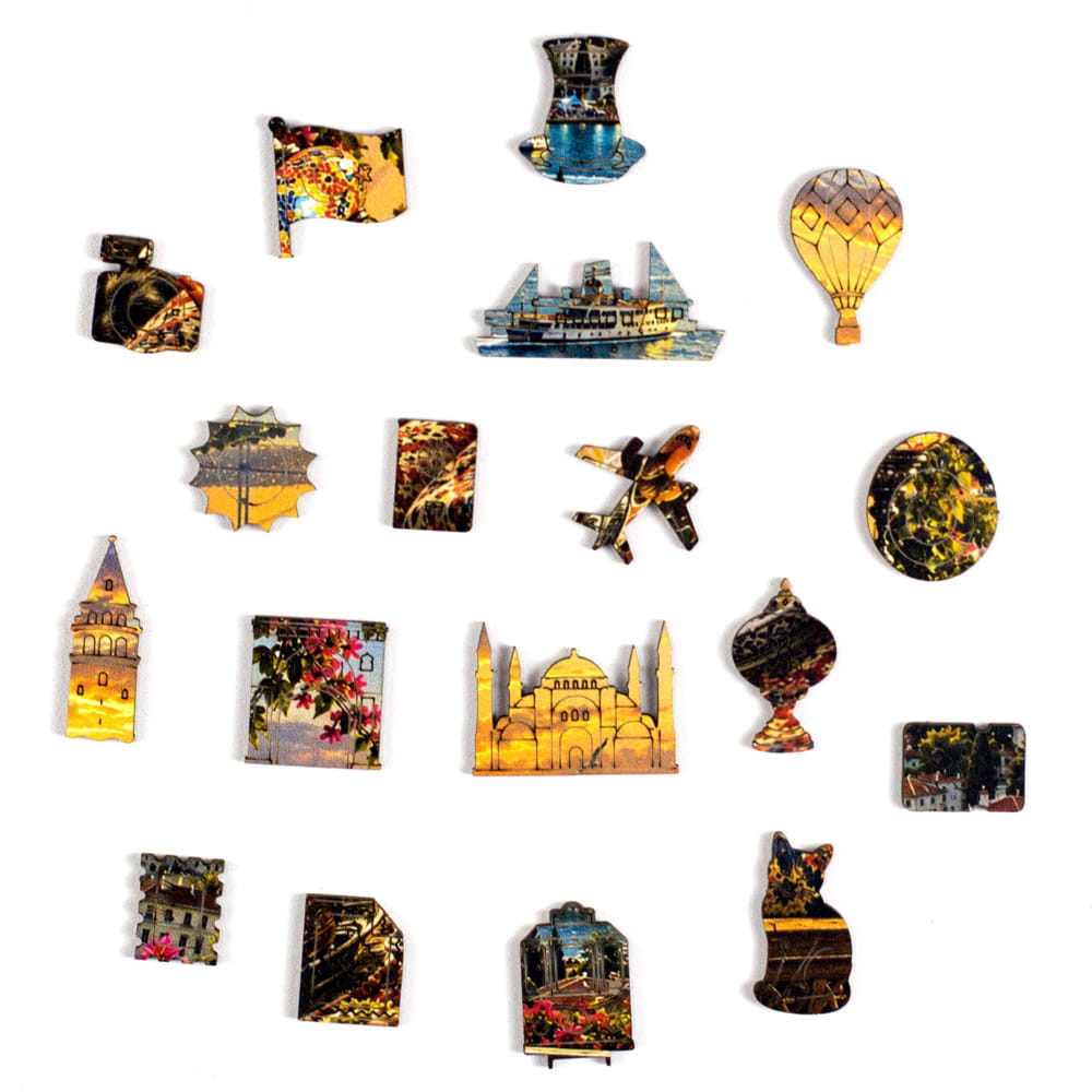 Peças de Madeira com Temática de Istambul e da Turquia (Hagia Sophia, Mesquita Azul, Torre de Gálata, Ferry de Istambul, Bonde vermelho da İstiklal, Gaivota, Gato de Istambul, Copo de chá turco, Nazar Olho Turco, Lanterna turca, Tapete Kilim, Grand Bazaar)