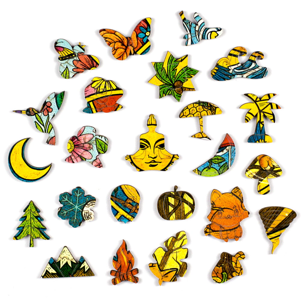 Conjunto de peças temáticas de madeira da Mandala Ciclo da Vida com símbolos das 4 estações do ano e natureza