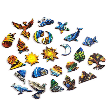 Quebra-cabeça de madeira Mandala Elemental com peças temáticas inspiradas nos quatro elementos da natureza (água, terra, ar e fogo)