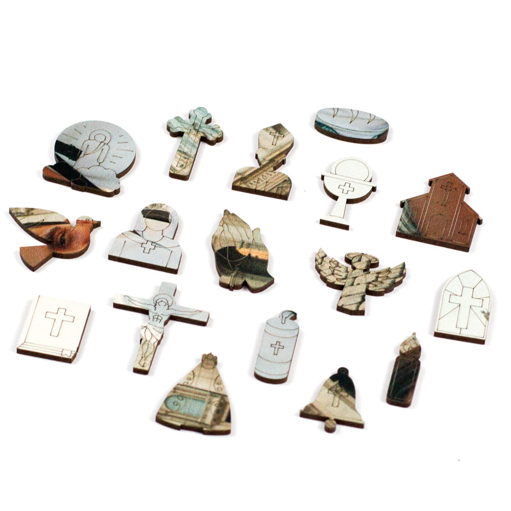 Peças de madeira em formato de Cruz, Terço e Igreja - Quebra-Cabeça Puzi