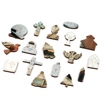 Peças de madeira em formato de Cruz, Terço e Igreja - Quebra-Cabeça Puzi