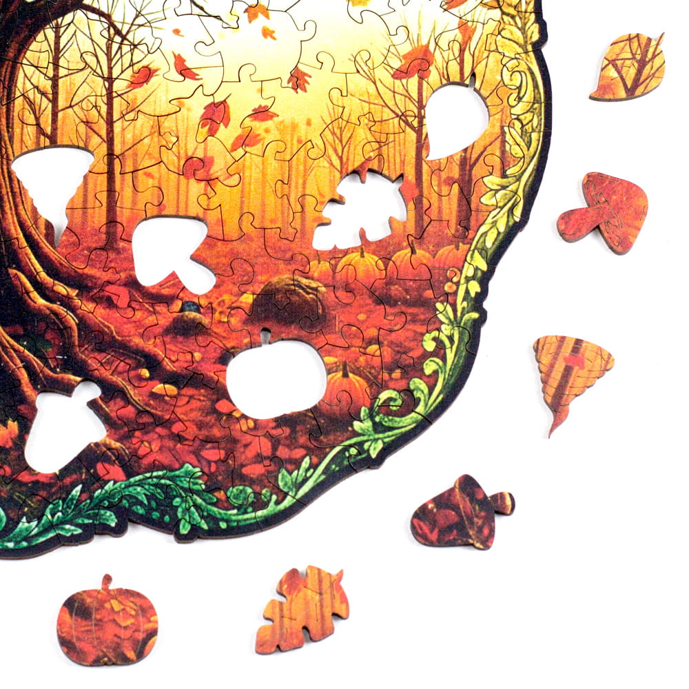 Peças temáticas da estação do outono que incluem folhas secas, nozes, abóbora, vento e cogumelo