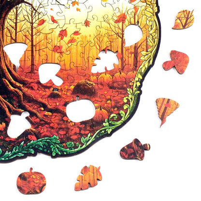 Peças temáticas da estação do outono que incluem folhas secas, nozes, abóbora, vento e cogumelo