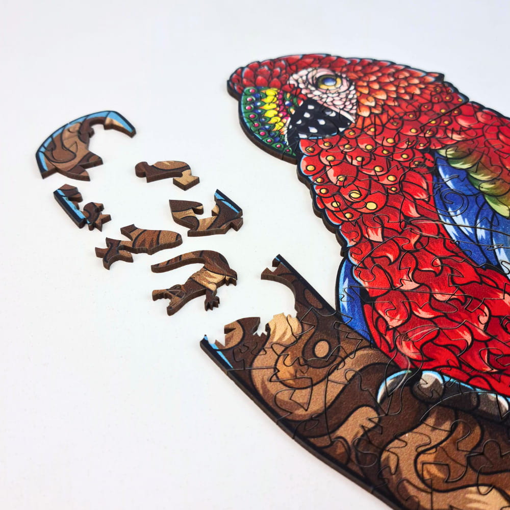 Detalhe de quebra-cabeça de arara colorida com peças em formato de animais.