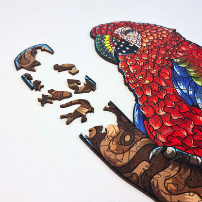 Detalhe de quebra-cabeça de arara colorida com peças em formato de animais.