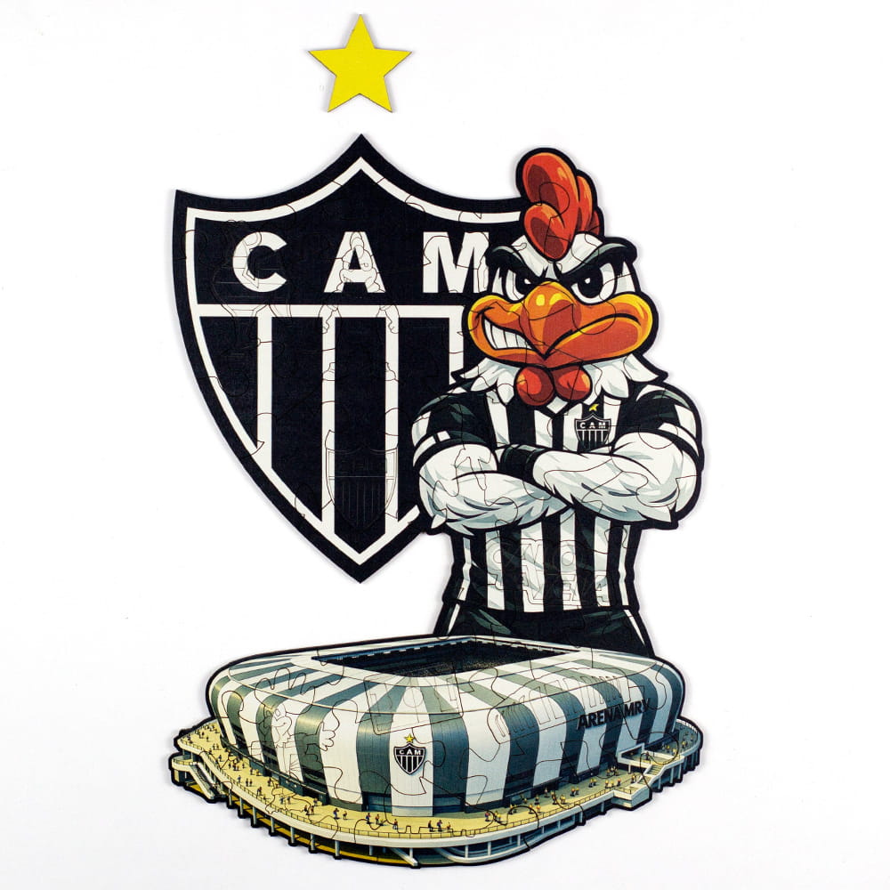 Quebra-cabeça infantil do Atlético Mineiro montado com o mascote Galo, Escudo Oficial e Arena MRV