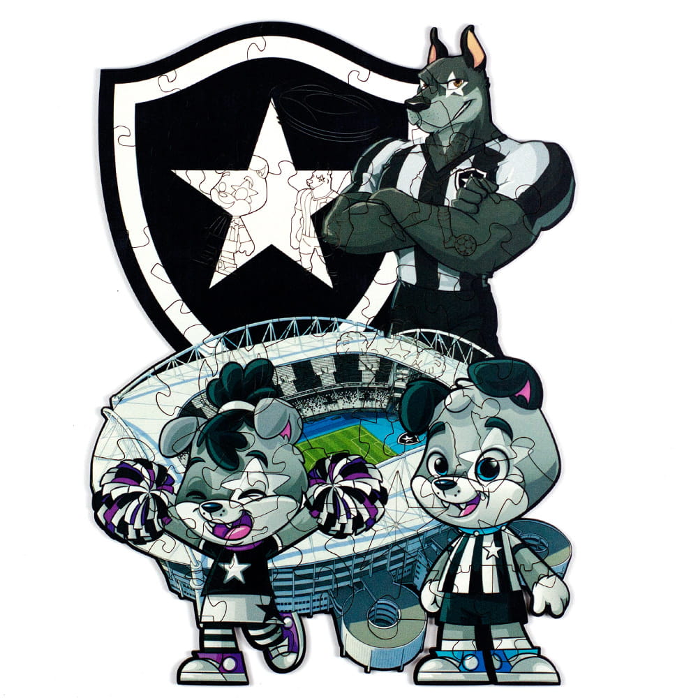 Quebra-cabeça infantil do Botafogo montado com os mascotes, Escudo Oficial e Estádio Nilton Santos