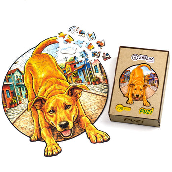 Quebra-cabeça de madeira cachorro Caramelo Puzi em parceria com o Instituto AMPARA Animal, com caixa premium e peças especiais