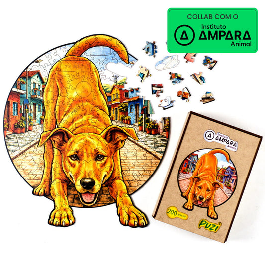 Quebra-cabeça de madeira cachorro Caramelo Puzi em parceria com o Instituto AMPARA Animal, com caixa premium e peças especiais