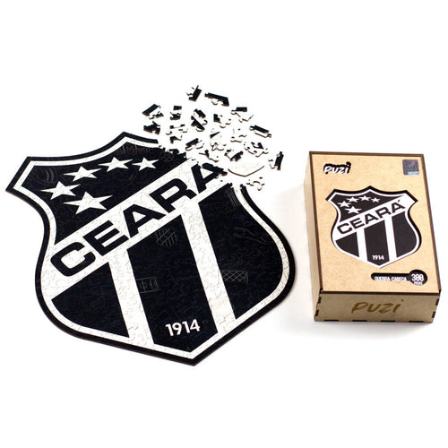 Quebra-Cabeça do Ceará: Escudo Oficial com algumas das peças desmontadas e a embalagem de madeira