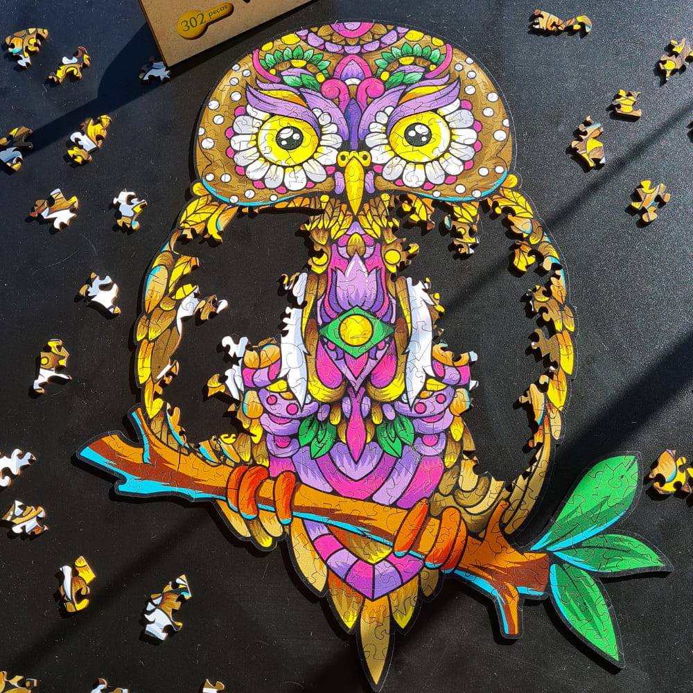 Quebra-cabeça da coruja ainda não completo, faltando as peças do meio