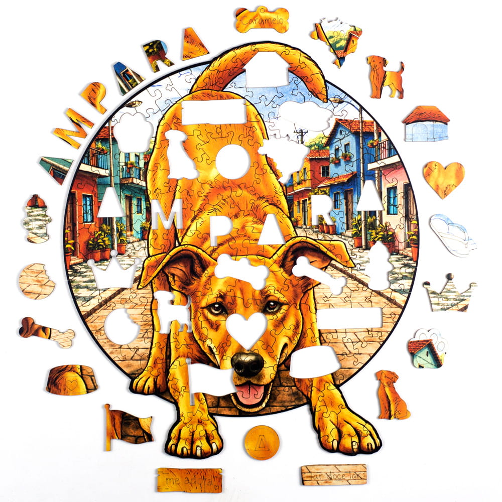 quebra-cabeça de madeira Caramelo Puzi com peças temáticas ao redor inspiradas no universo dos cães e do Instituto AMPARA Animal