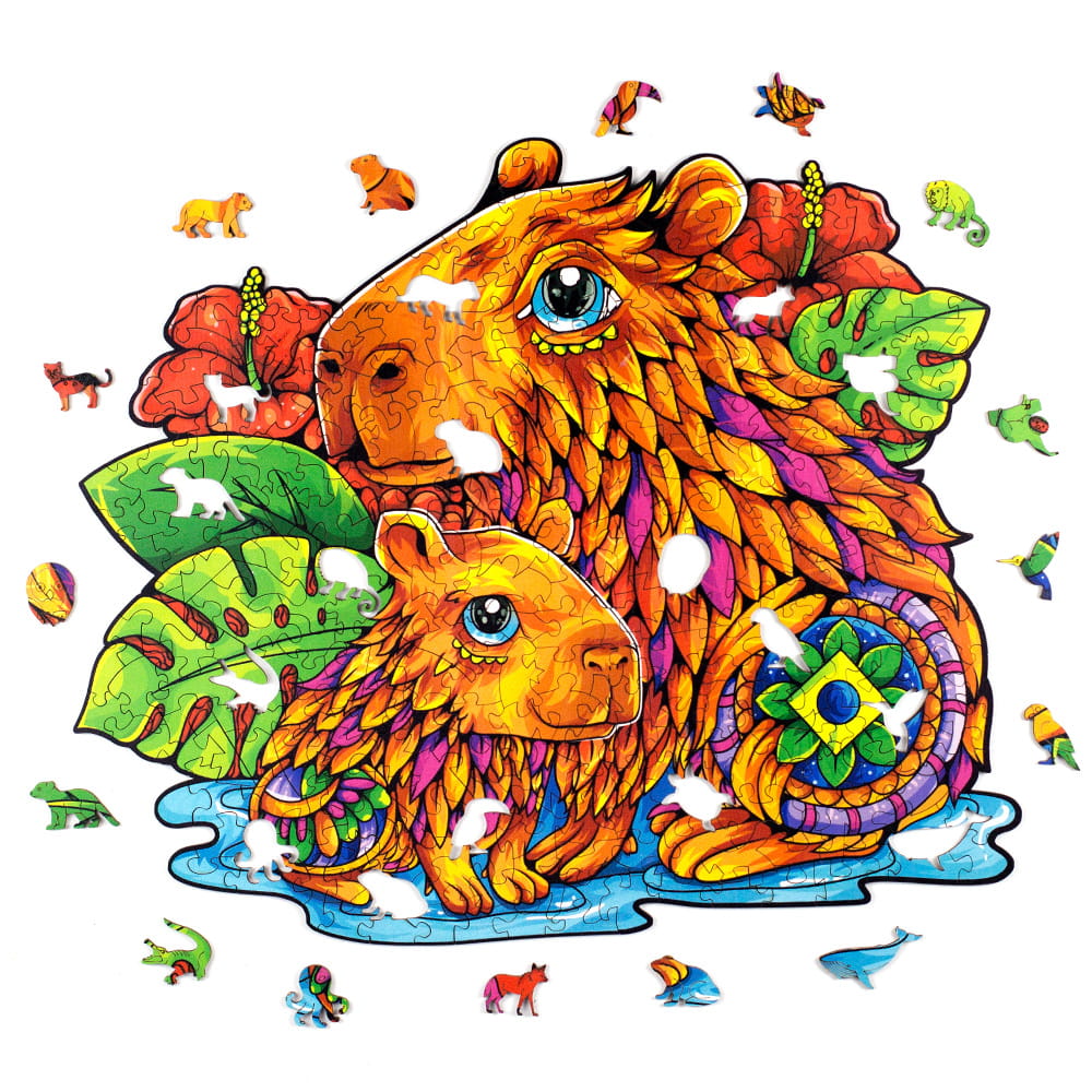 Visão geral do quebra-cabeça artístico da capivara com diversas peças temáticas de animais espalhadas ao redor.