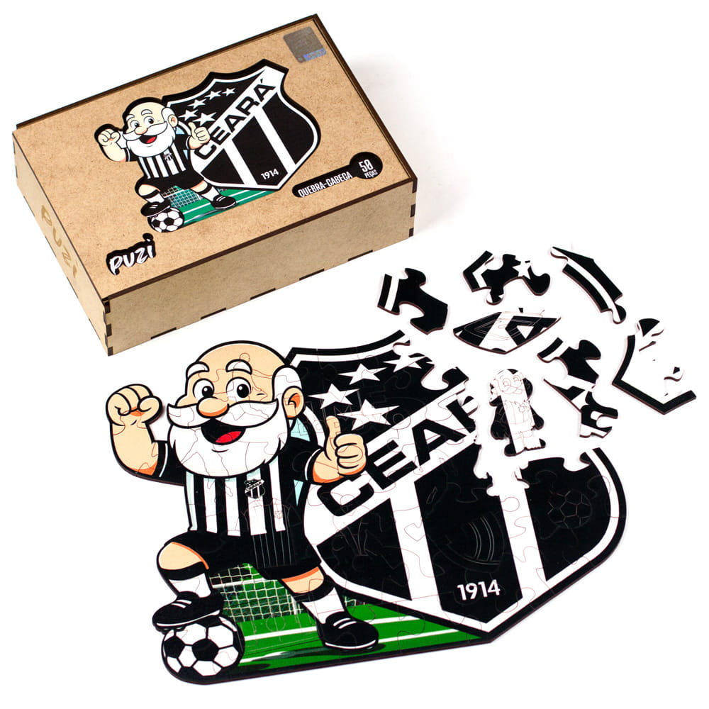 Quebra-Cabeça de Madeira Ceará Kids com algumas peças soltas ao lado e a embalagem de madeira do produto