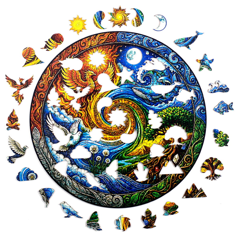 Quebra-cabeça de madeira Mandala Elemental com peças temáticas inspiradas nos quatro elementos da natureza (água, terra, ar e fogo)