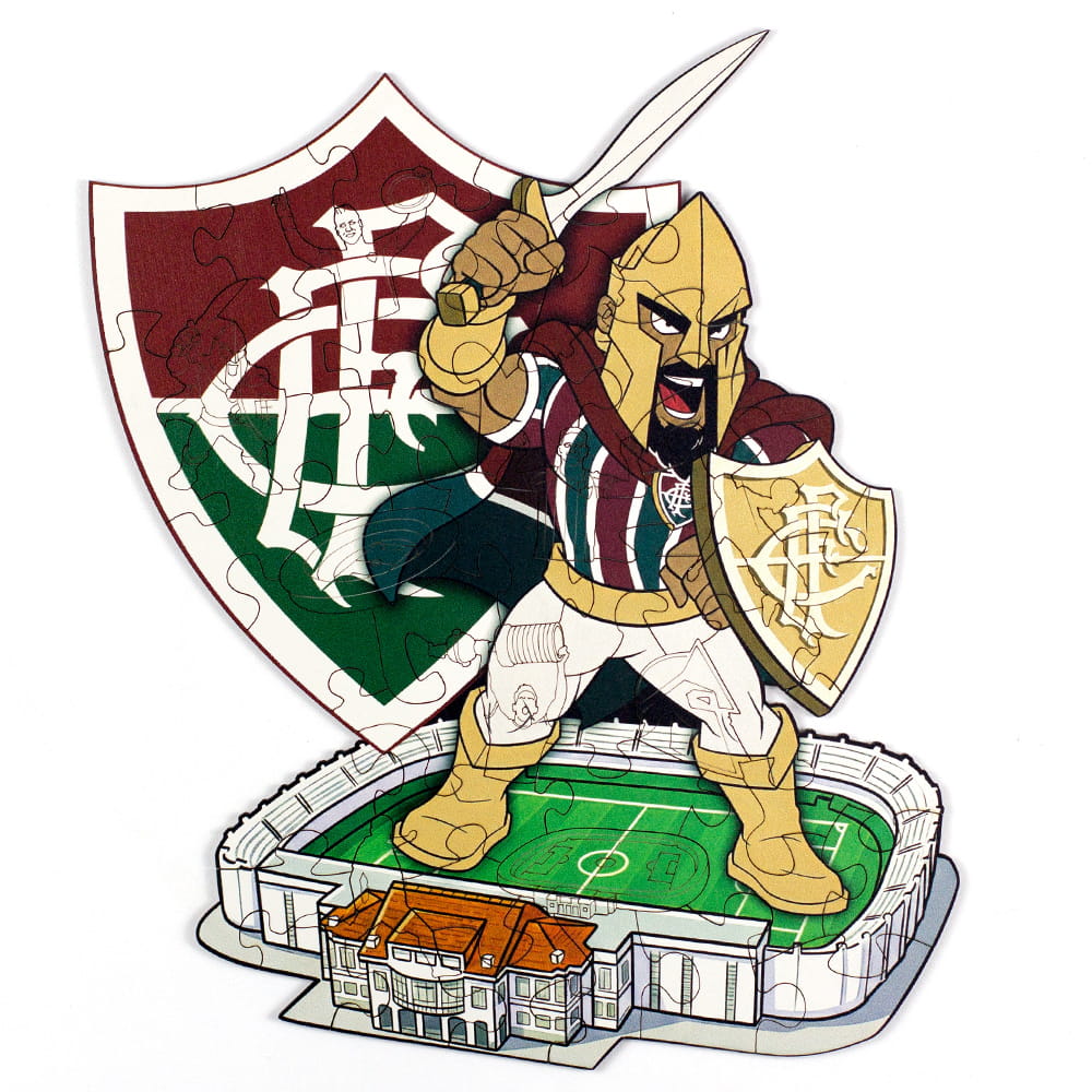 Quebra-cabeça infantil do Fluminense montado com ilustração do mascote Guerreiro, Escudo Oficial e Estádio das Laranjeiras