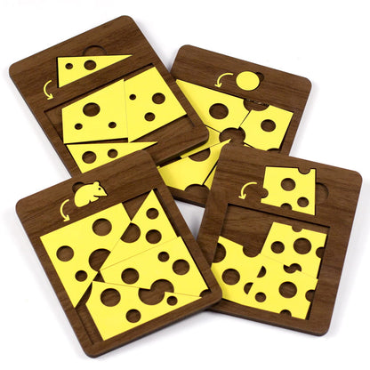 quebra-cabeça lógico de madeira onde o desafio deve ser colocar a peça excedente no tabuleiro