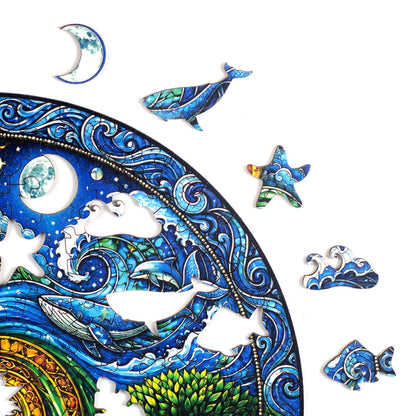 Peças temáticas do elemento água: ondas, Lua, estrela do mar, peixe, baleia