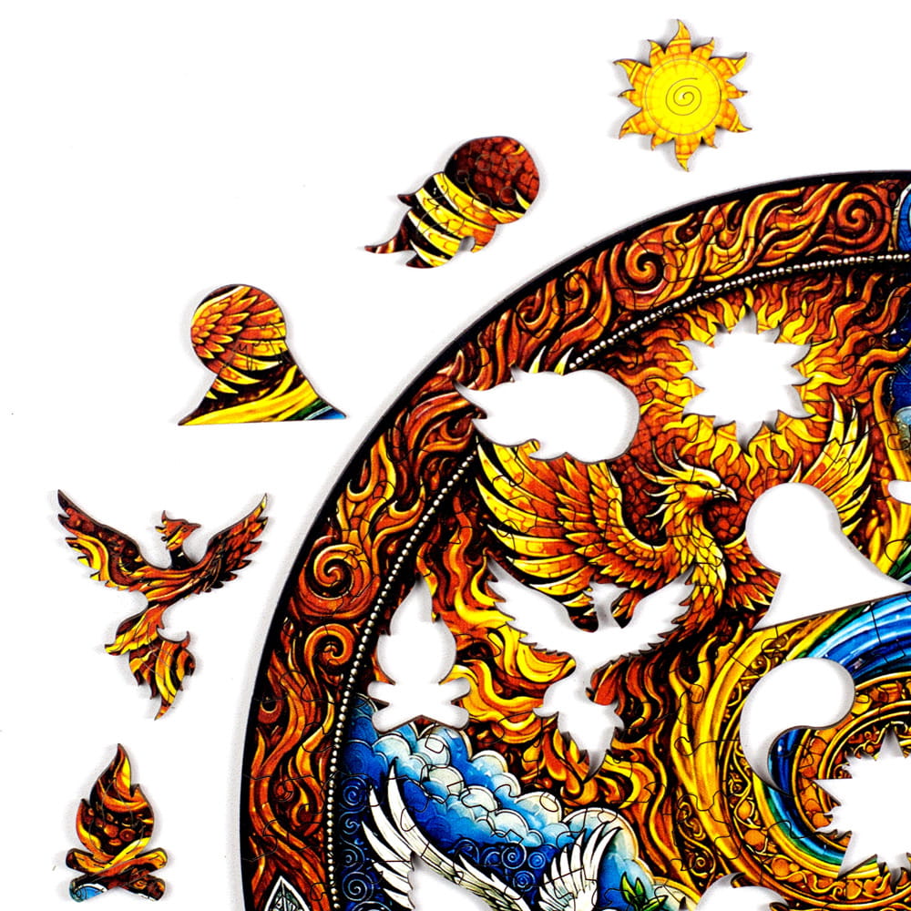 Peças temáticas do elemento fogo: fênix, fogueira, vulcão, Sol