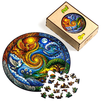 Quebra-cabeça de madeira Mandala Elemental áreas de fogo, água, ar e terra unidos pela espiral central e ao lado caixa premium de madeira
