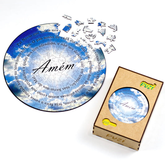 Quebra-cabeça Oração Pai Nosso circular ao lado da embalagem premium de madeira Puzi com 200 peças