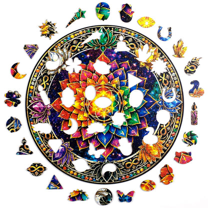 Quebra-Cabeça Puzi de madeira Mandala Mística com Peças Temáticas ao Redor