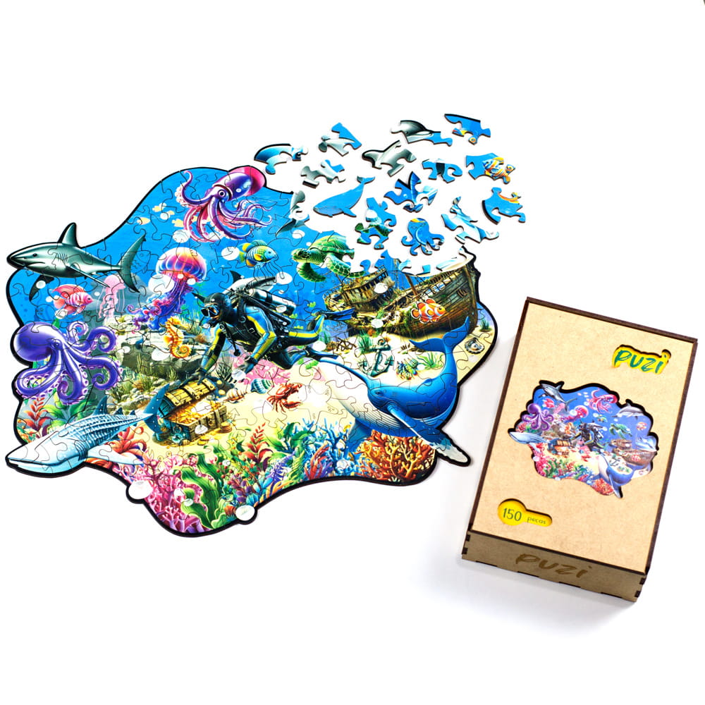 Quebra-Cabeça Splash Fundo do Mar da Puzi com embalagem premium de madeira