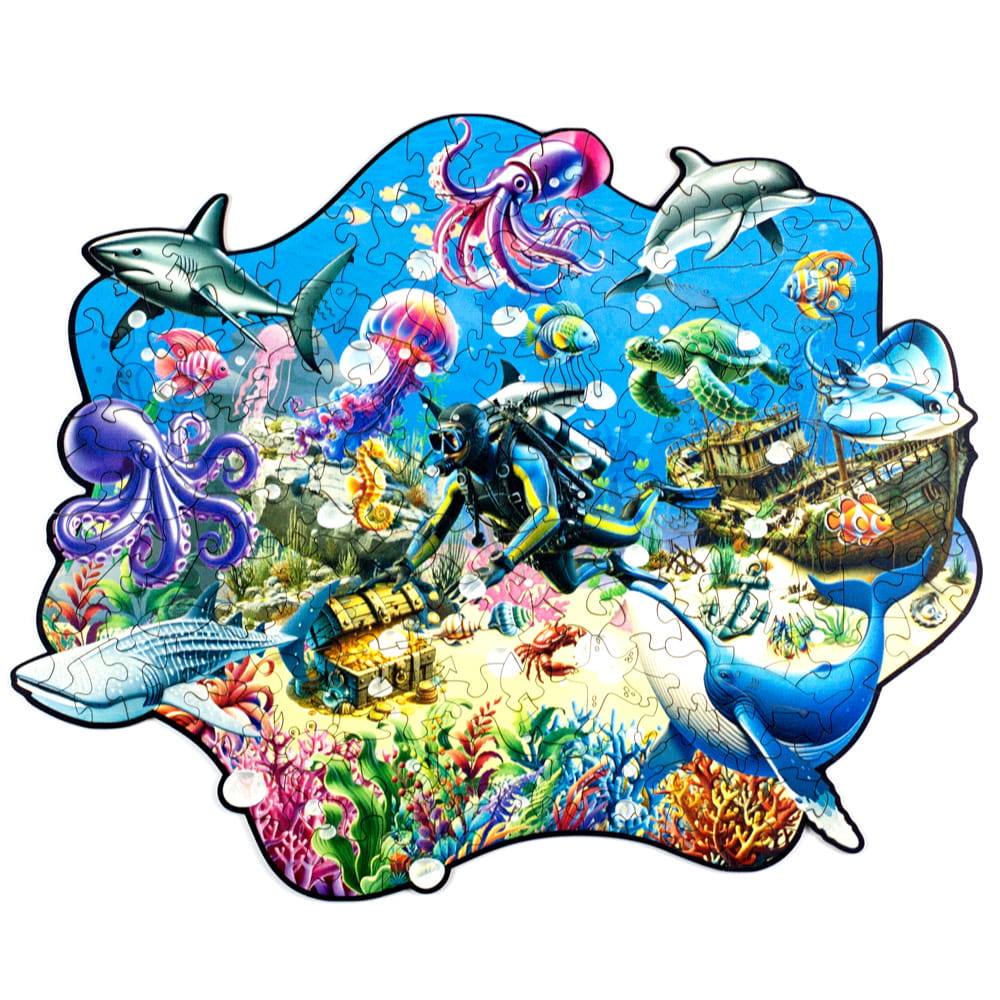 Quebra-Cabeça Splash Fundo do Mar da Puzi com animais marinhos e mergulhador