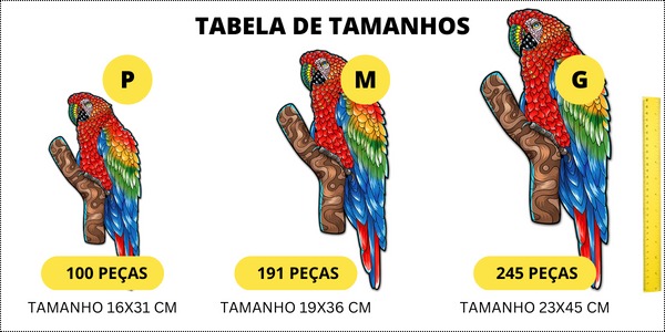 Tabela comparativa dos Tamanhos P, M & G do Quebra-cabeça da Arara-Vermelha Puzi