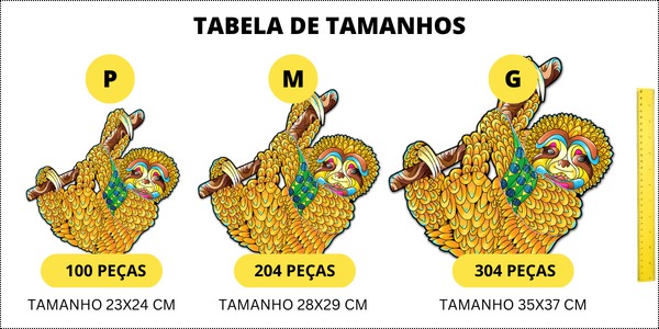 Tabela comparativa dos Tamanhos P, M & G do Quebra-cabeça do bicho-preguiça Puzi