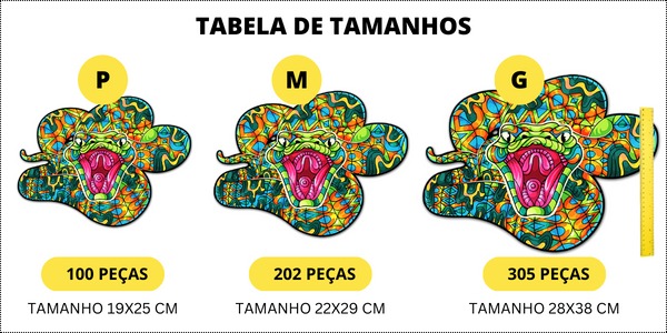 Tabela comparativa dos Tamanhos P, M & G do Quebra-cabeça da Cobra Anaconda Puzi