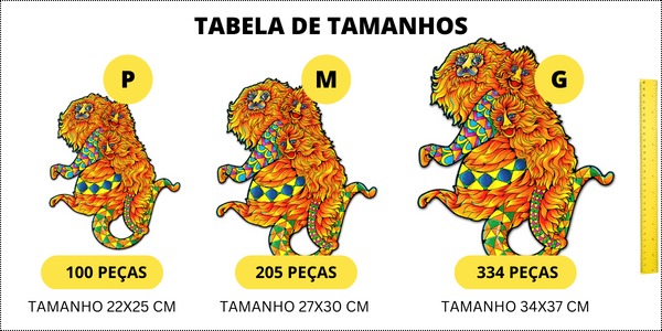 Tabela comparativa dos Tamanhos P, M & G do Quebra-cabeça do Mico-Leão-Dourado Puzi