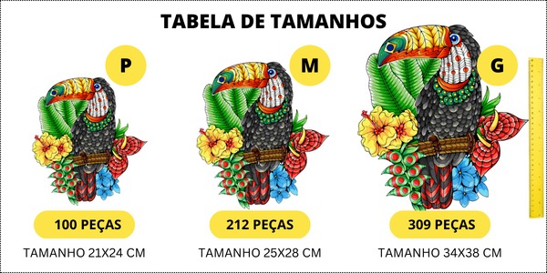 Tabela comparativa dos Tamanhos P, M & G do Quebra-cabeça do tucano Puzi